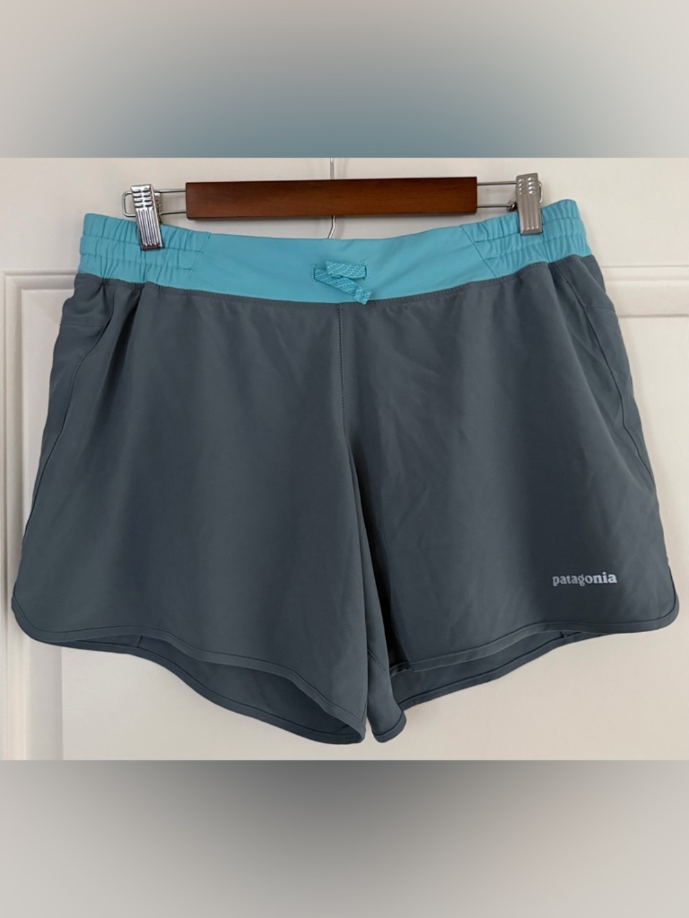 Patagonia Women's Athletic Nine Trails Shorts-Gray and Light Blue